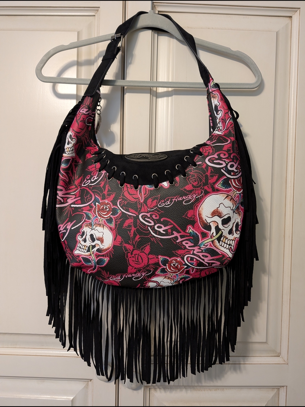 Ed Hardy Fringed Skull & Rose Hobo Bag NWT